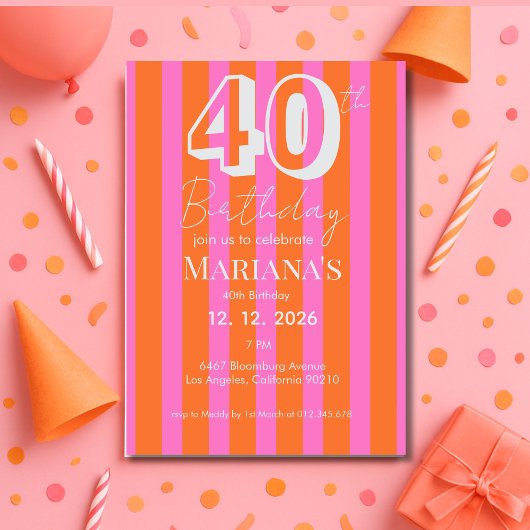  Orange Pink Stripes Modern Scripted Birthday  Kaart