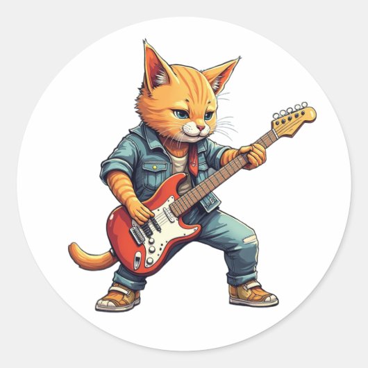Orange Playing Guitar Ronde Sticker (Voorkant)
