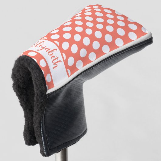 Orange polka dot golf head cover custom name (3/4 voorkant)