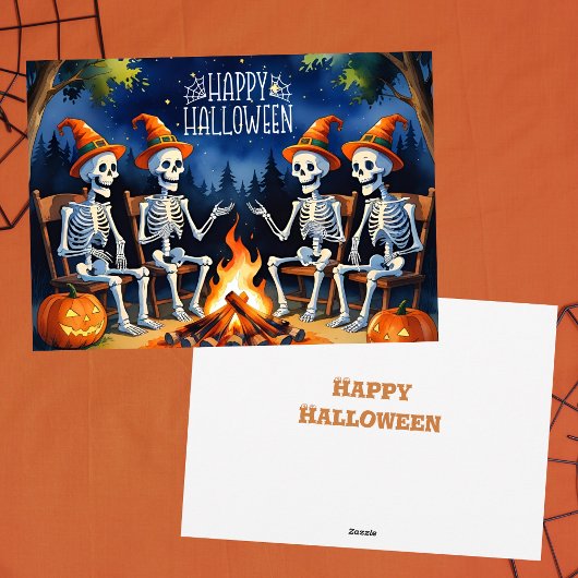 Orange Pumpkins 4 Skeletons Happy Halloween Feestdagenkaart