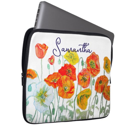 Orange Red Poppy Flower Pattern Thank You Laptop Sleeve (Voorkant Rechts)
