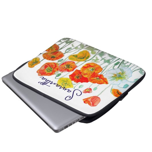 Orange Red Poppy Flower Pattern Thank You Laptop Sleeve (Voorkant onderkant)