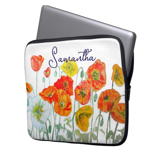 Orange Red Poppy Flower Pattern Thank You Laptop Sleeve (Voorkant Links)