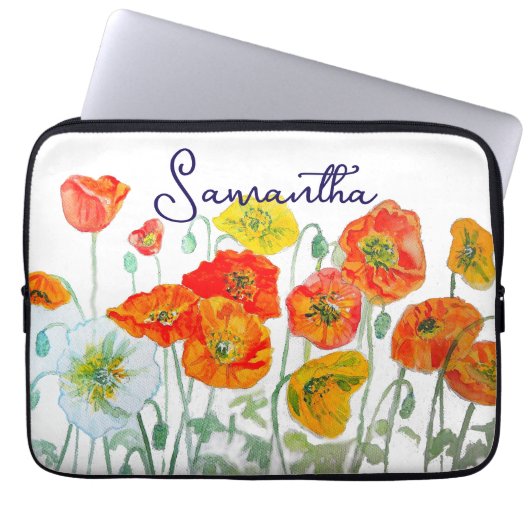 Orange Red Poppy Flower Pattern Thank You Laptop Sleeve (Voorkant)