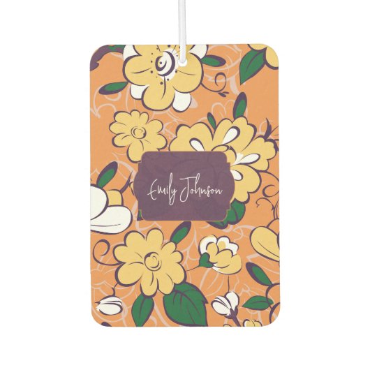 Orange Retro Botanical Yellow Flowers Custom Name Luchtverfrisser (Voorkant)