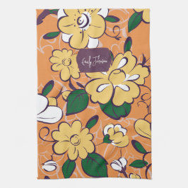Orange Retro Botanical Yellow Flowers Custom Name Theedoek