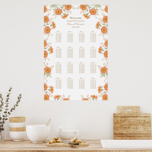 Orange Rose Wedding Seating Chart Poster (Keuken)