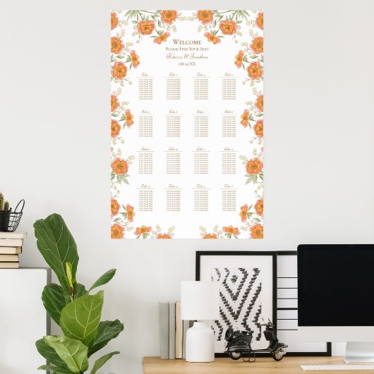 Orange Rose Wedding Seating Chart Poster (Thuiskantoor)