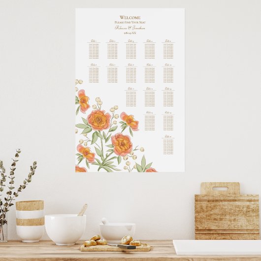Orange Rose Wedding Seating Chart Poster (Keuken)