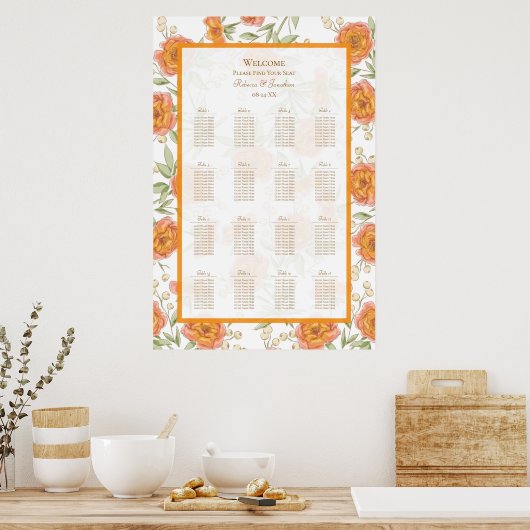 Orange Rose Wedding Seating Chart Poster (Keuken)