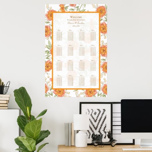Orange Rose Wedding Seating Chart Poster (Thuiskantoor)