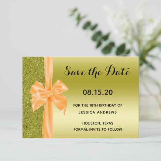 Orange Silk Bow Gold Glitter 18th Birthday Save The Date (Staand voorkant)