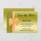 Orange Silk Bow Gold Glitter 18th Birthday Save The Date (Voorkant / Achterkant)