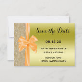Orange Silk Bow Gold Glitter Sequins 18th Birthday Save The Date (Voorkant)