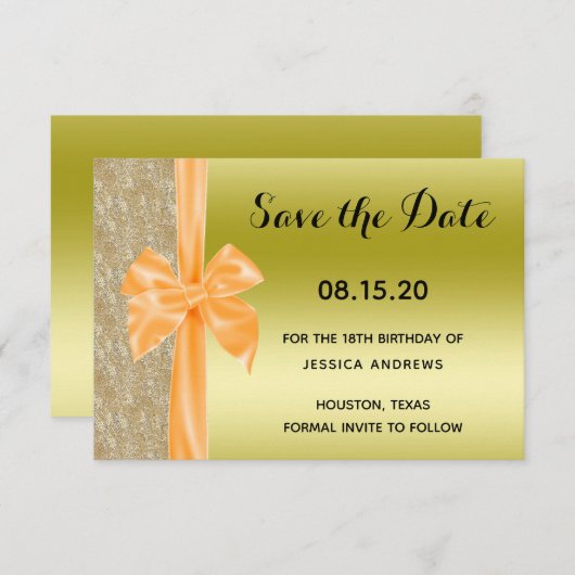 Orange Silk Bow Gold Glitter Sequins 18th Birthday Save The Date (Voorkant / Achterkant)