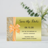Orange Silk Bow Gold Sequins 18th Birthday Save The Date (Staand voorkant)