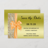 Orange Silk Bow Gold Sequins 18th Birthday Save The Date (Voorkant / Achterkant)