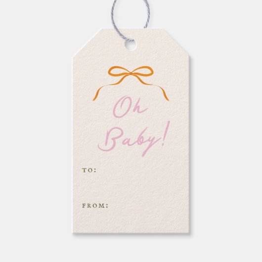Orange Simple Bow Pink Oh Baby Cadeaulabel (Voorkant)