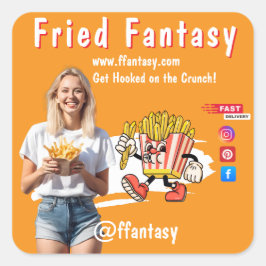 Orange Smiling Blonde Woman Fries Family Fun Vierkante Sticker