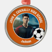 Orange Soccer Player Photo High School Christmas Metalen Ornament (Voorkant)