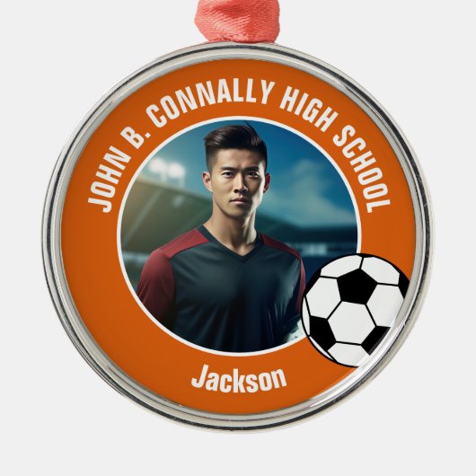 Orange Soccer Player Photo High School Christmas Metalen Ornament (Voorkant)