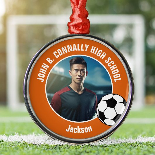 Orange Soccer Player Photo High School Christmas Metalen Ornament