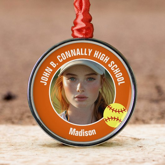 Orange Softball Player Photo High School Christmas Metalen Ornament