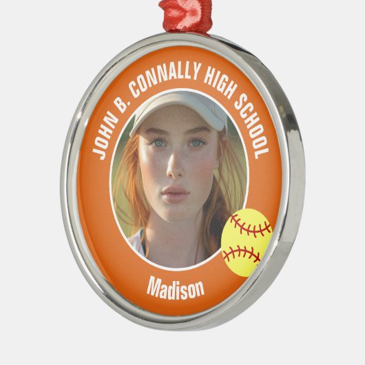 Orange Softball Player Photo High School Christmas Metalen Ornament (Links)