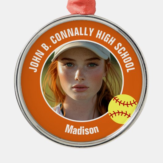 Orange Softball Player Photo High School Christmas Metalen Ornament (Voorkant)