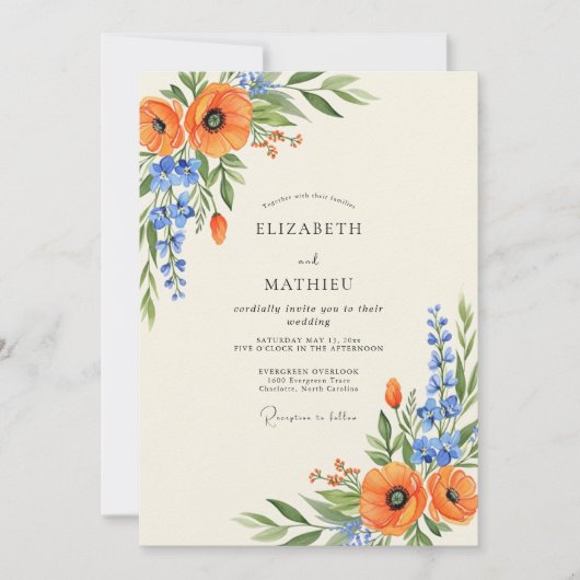 Orange Spirited Wildflower Wedding Kaart (Voorkant)