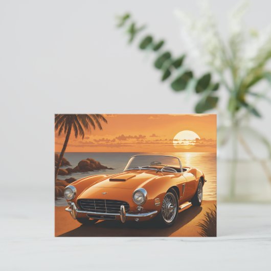 Orange Sportscar Sunset Tropical Beach Briefkaart (Staand voorkant)