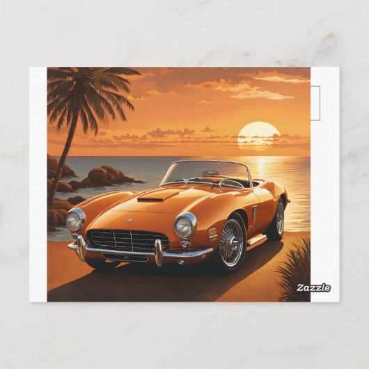 Orange Sportscar Sunset Tropical Beach Briefkaart (Achterkant)