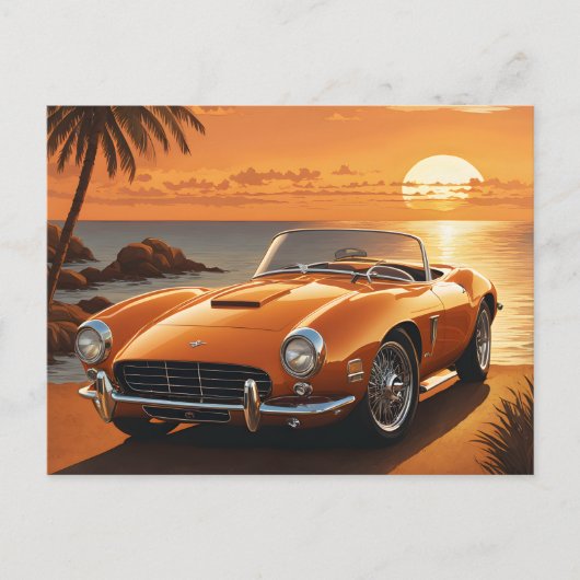 Orange Sportscar Sunset Tropical Beach Briefkaart (Voorkant)