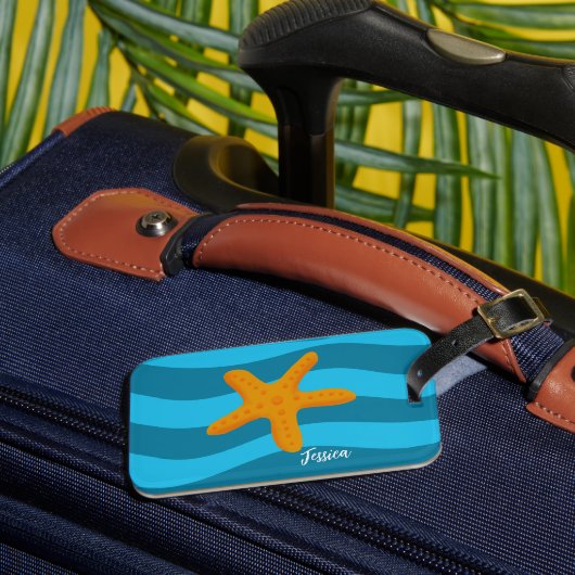 Orange Starfish Blue Waves Luggage Tag Bagagelabel (Voorkant Insitu 3)
