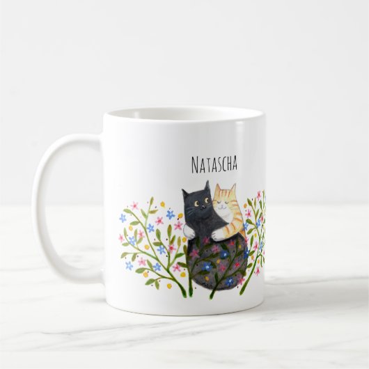 Orange tabby Cat and Black Cat in Flowers Custom Koffiemok (Links)