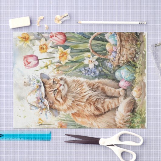 Orange Tabby Cat in Hat Easter Basket  Tissuepapier (Craft)