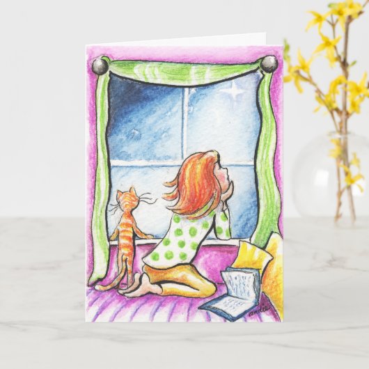 Orange Tabby Cat n Girl Custom Message Kaart (Gele Bloem)