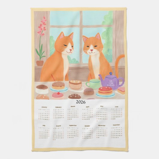 Orange Tabby Tea Party Kitchen Towel Calendar Theedoek (Verticaal)