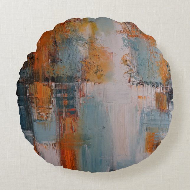 Orange, white, and teal abstract painting rond kussen (Voorkant)