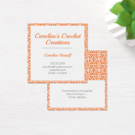 Orange & White Crochet Lace Pattern Business Card Vierkante Visitekaartjes
