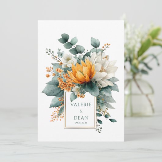 Orange White Floral Eucalyptus Gold Frame Kaart (Staand voorkant)