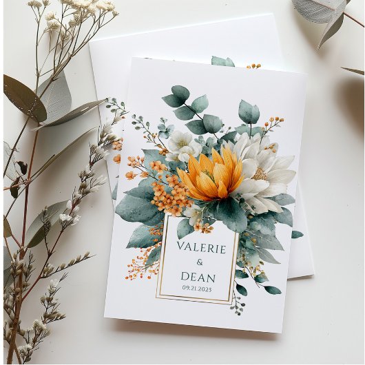Orange White Floral Eucalyptus Gold Frame Kaart