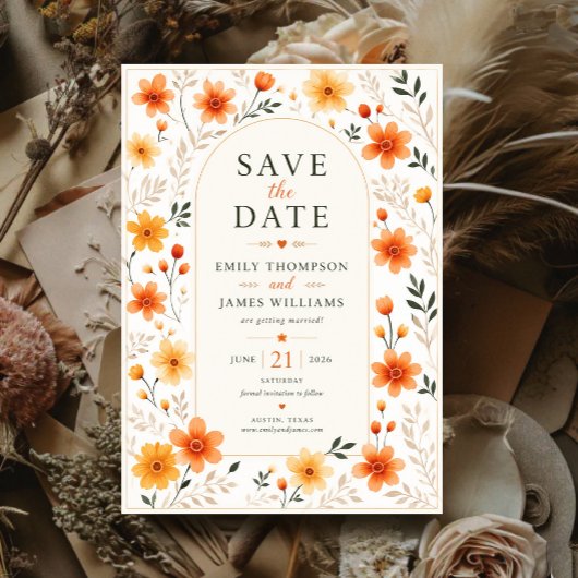 Orange Wildflower Rustic Floral Elegant Botanical Save The Date