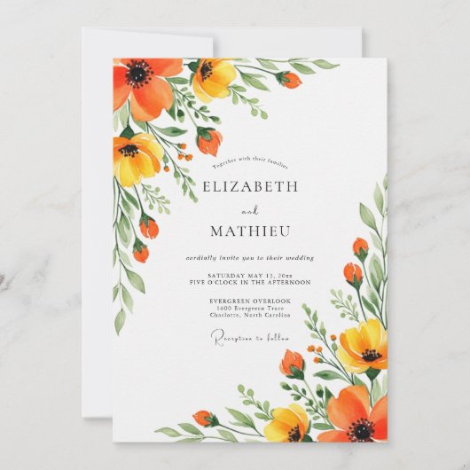 Orange Yellow Floral Flourish Wedding Kaart (Voorkant)