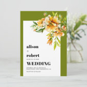 Orange, yellow rhododendron olive green wedding kaart (Staand voorkant)