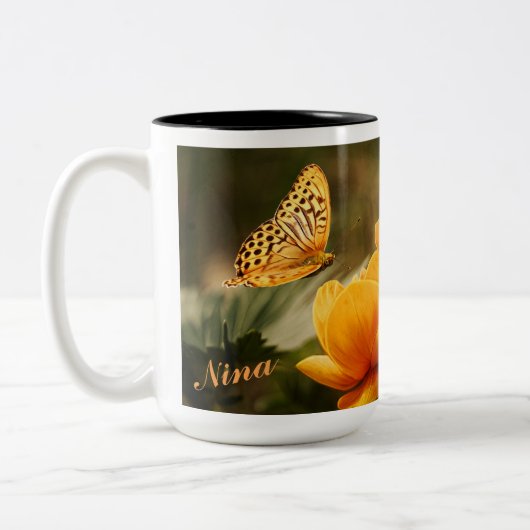 OrangeButterfly, Oranje bloemen Tweekleurige Koffiemok (Links)