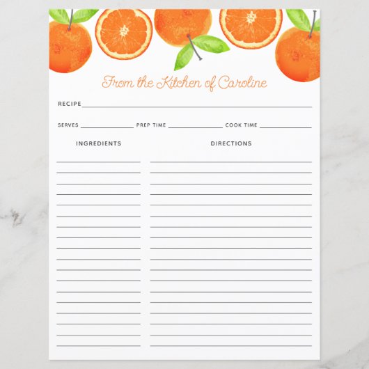 Oranges Citrus Fruit Recipe Card Binder Insert (Voorkant)