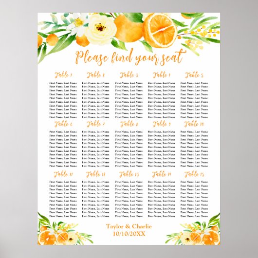 Oranges Citrus Wedding 15 Tables Seating Chart Poster (Voorkant)