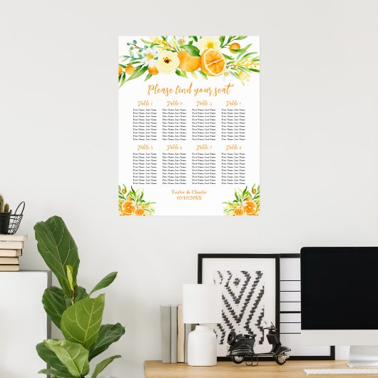 Oranges Citrus Wedding 8 Tables Seating Chart Poster (Thuiskantoor)