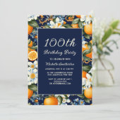 Oranges White Flowers Navy Blue 100th Birthday Kaart (Staand voorkant)